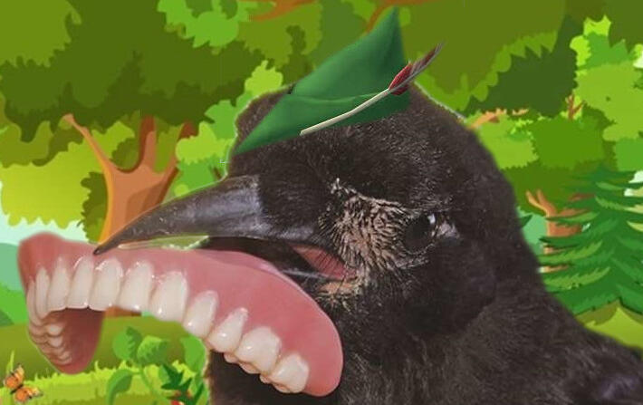 A photoshopped picture of a bird wearing a feather hat holding dentures in its teeth